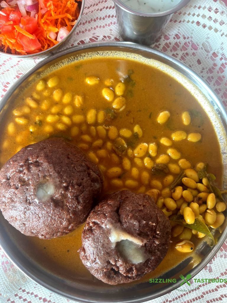 A traditional Karnataka style steamed finger millet dumpling. Served with sambhar or curry for a filling meal
