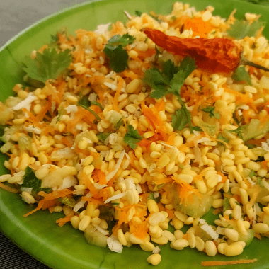 Moong dal Kosambari is a light salad made with split green gram and served as a salad or Prasad during Festivals. Sometimes, grated carrot or minced cucumber is also added to this.