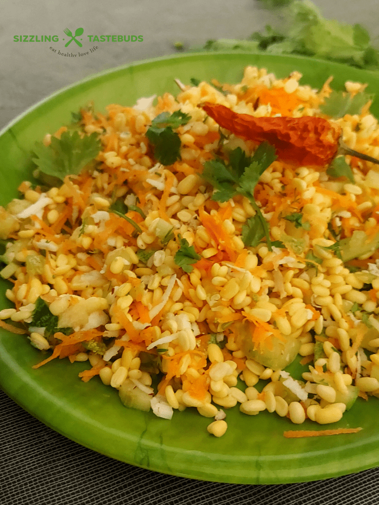 Moong dal Kosambari is a light salad made with split green gram and served as a salad or Prasad during Festivals. Sometimes, grated carrot or minced cucumber is also added to this.