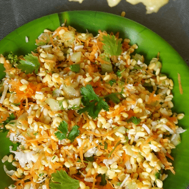 Moong dal Kosambari is a light salad made with split green gram and served as a salad or Prasad during Festivals. Sometimes, grated carrot or minced cucumber is also added to this.
