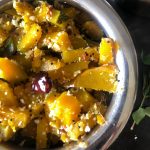 Parangikkai Poriyal is a simple and delicious Vegan and Gluten Free stir fry with Yellow Squash. Served with Rice or flatbread (Chapati)