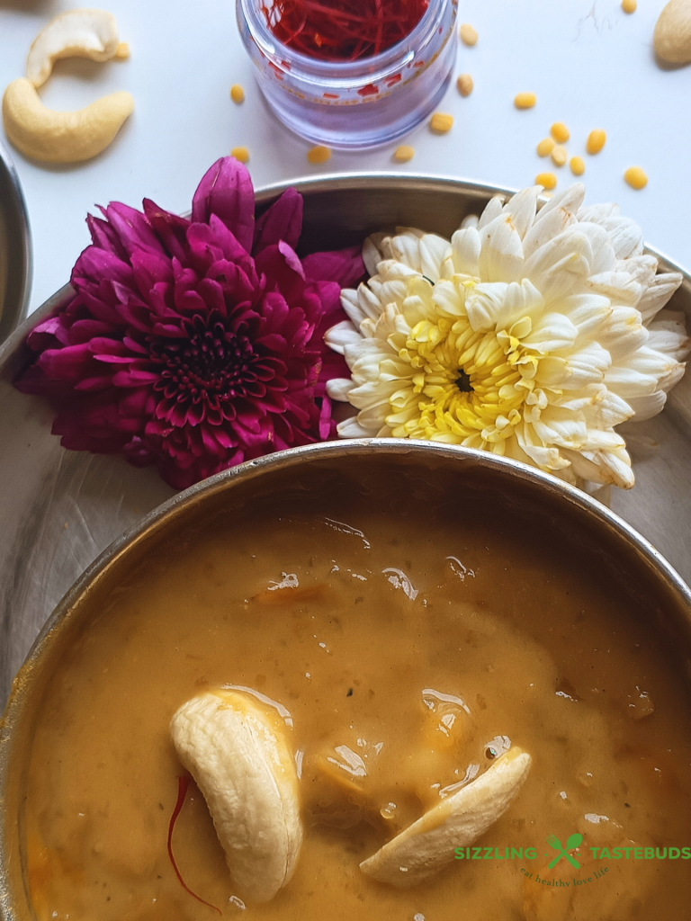 Pasi Paruppu Payasam or Moong Dal Kheer is a traditional sweet made with split green gram and coconut milk. Served as part of a festival meal or celebration.