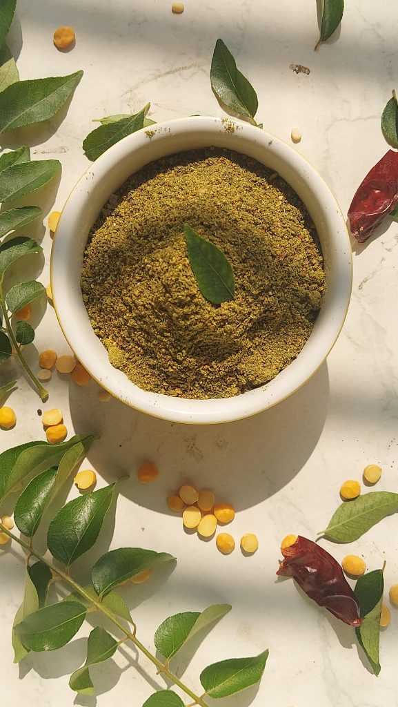 This podi is a delicious, Vegan + GF iron-rich Spice powder (Condiment) made with Curry leaves, lentils and basic spices. Eaten with steamed rice or with Idli / Dosa.