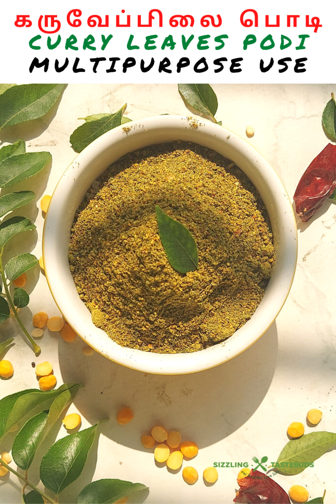 This podi is a delicious, Vegan + GF iron-rich Spice powder (Condiment) made with Curry leaves, lentils and basic spices. Eaten with steamed rice or with Idli / Dosa.