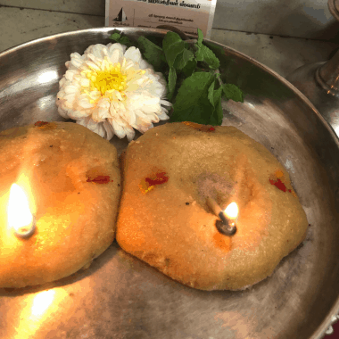 A traditional lamp lit for Lord Balaji (Venkateswara) - Lord of the Seven Hills This lamp is made with homemade rice flour and lit at home for the prosperity and Blessings from the Lord.