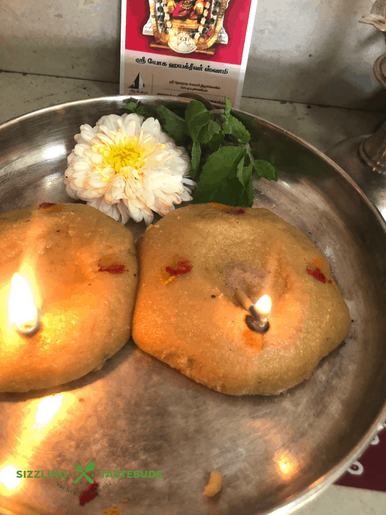 A traditional lamp lit for Lord Balaji (Venkateswara) - Lord of the Seven Hills This lamp is made with homemade rice flour and lit at home for the prosperity and Blessings from the Lord.