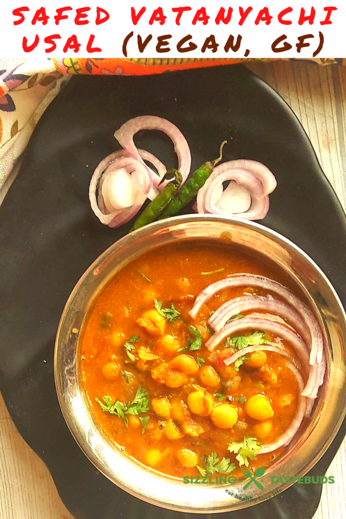 Safed Vatanyachi Usal is a curry made with rehydrated white peas slow cooked in a tangy spicy base. Served with Pav (bread rolls) or Roti (Flatbread).