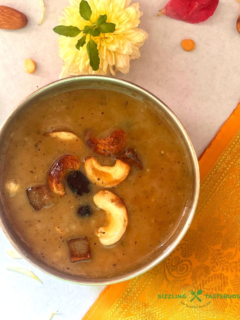 Kadalai paruppu payasam is a traditional South Indian dessert made with chana dal (split chickpeas), jaggery, and coconut milk.