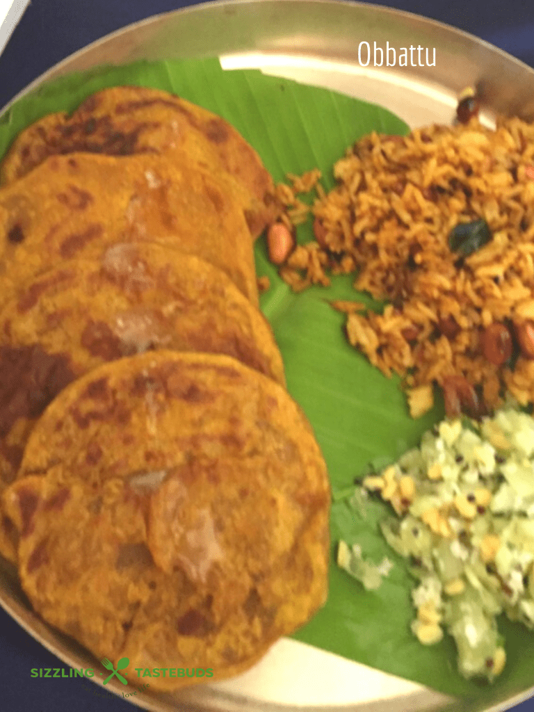 Bele Obbattu or Obbattu is a stuffed sweetbread made with lentils, coconut and Jaggery. It is a delicacy made for the Hindu new year festival called Ugadi