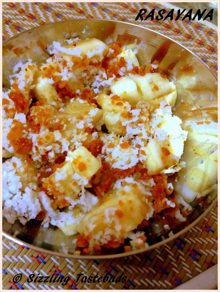 Rasayana is a a Quick Banana Relish with Jaggery and coconut. Often offered as an offering / Naivedyam during Pujas