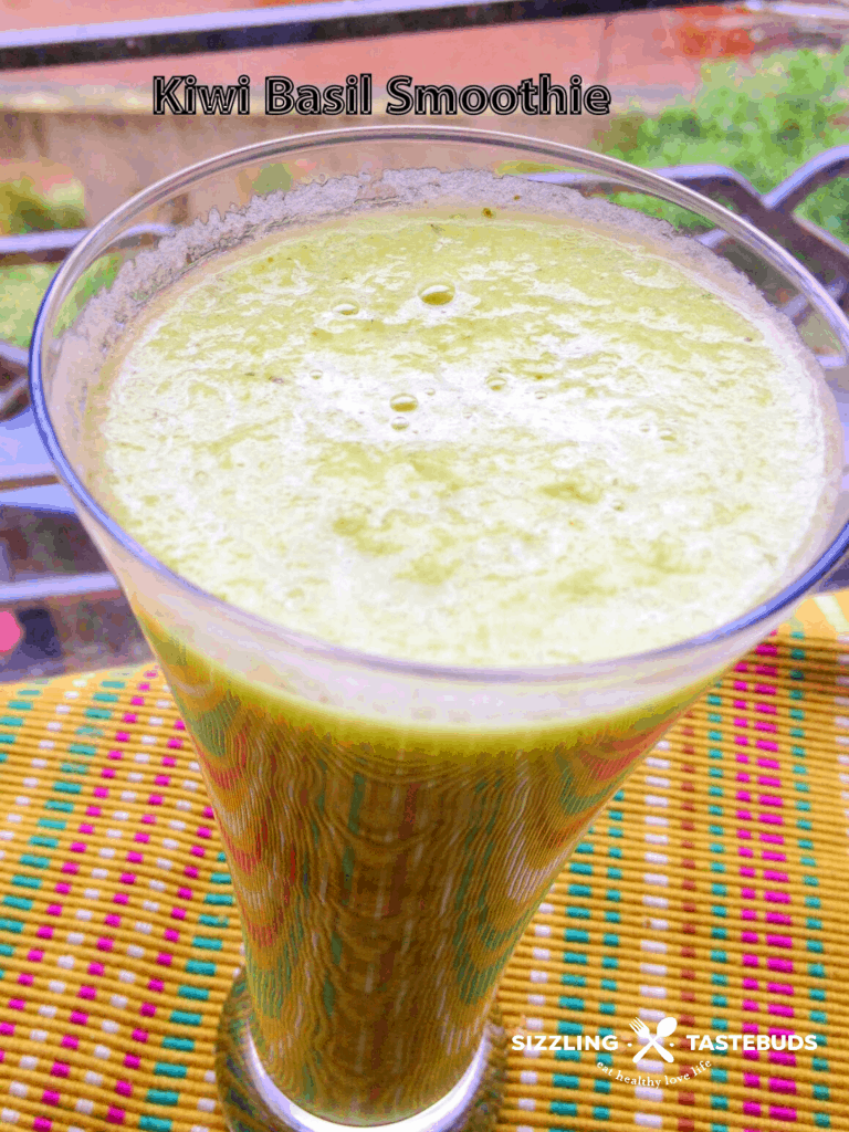 A refreshing, Sugar-free + Vegan Smoothie made with Fresh Kiwi and basil.