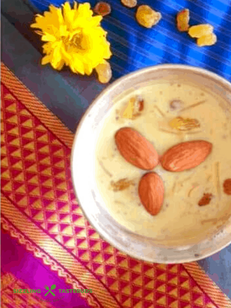 Badam Semiya Payasam is a sweet kheer or pudding made with roasted vermicelli, made with Durum Wheat and simmered in a thick flavoured almond rich milk, topped with nuts.