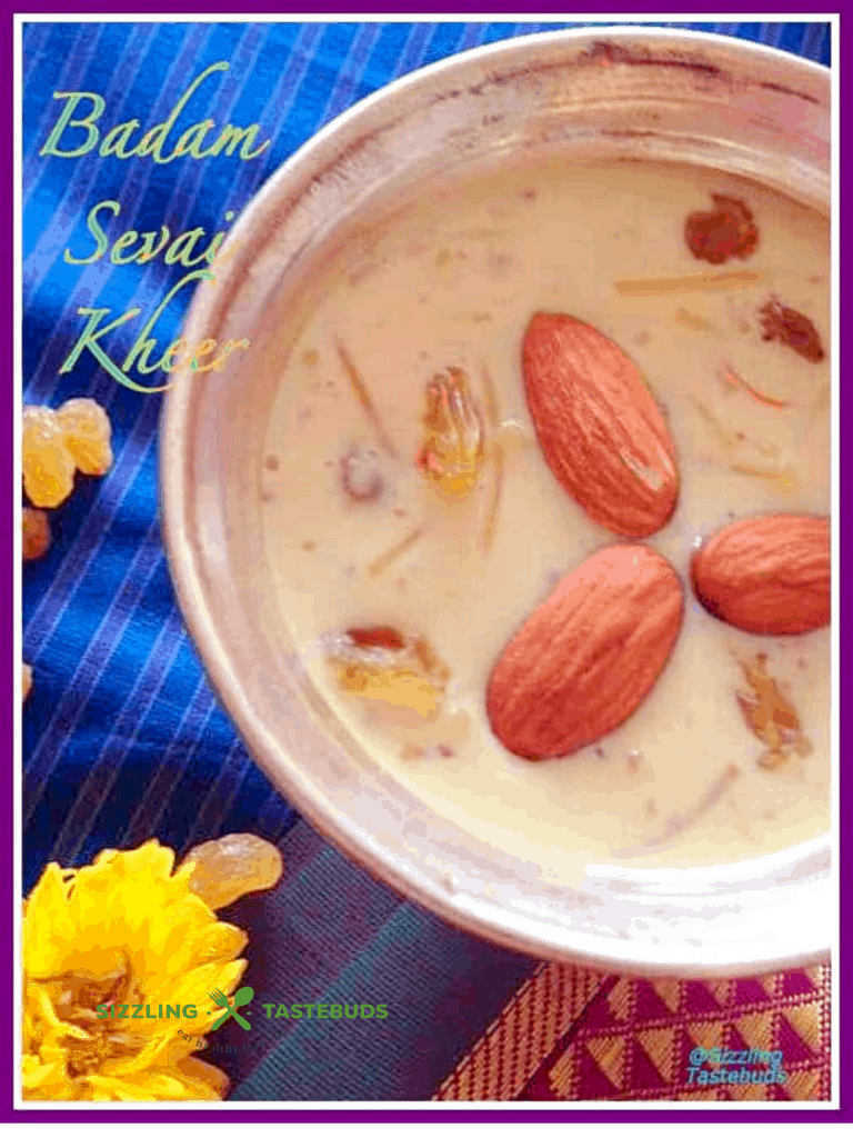 Badam Semiya Payasam is a sweet kheer or pudding made with roasted vermicelli, made with Durum Wheat and simmered in a thick flavoured almond rich milk, topped with nuts.