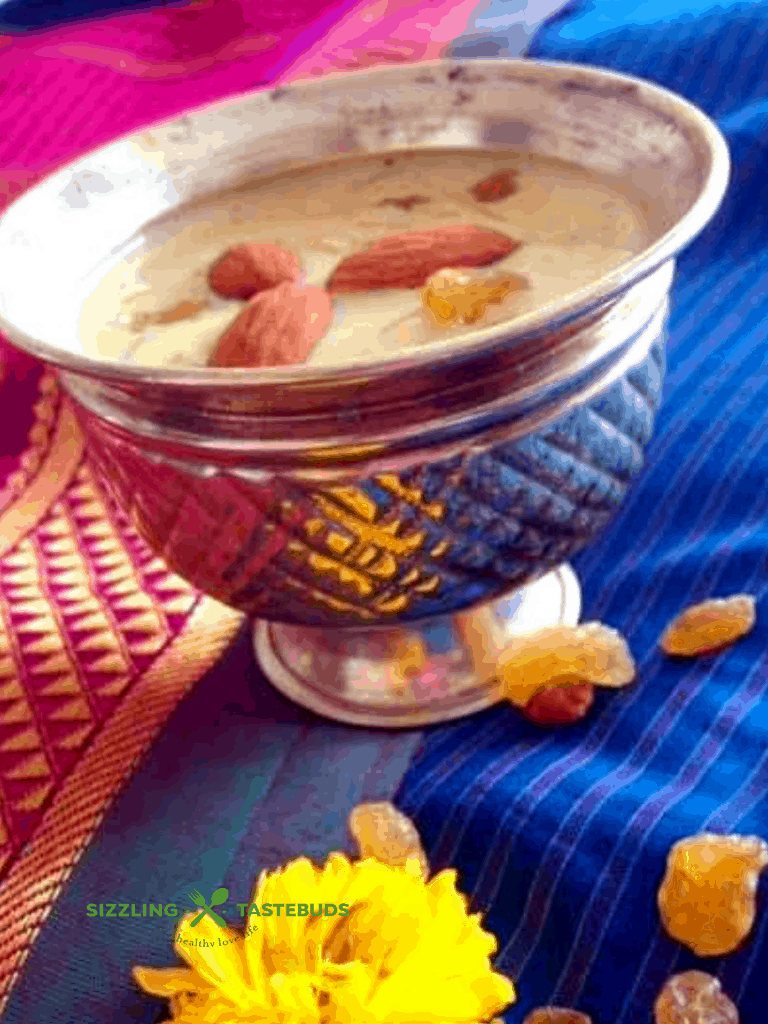 Badam Semiya Payasam is a sweet kheer or pudding made with roasted vermicelli, made with Durum Wheat and simmered in a thick flavoured almond rich milk, topped with nuts.