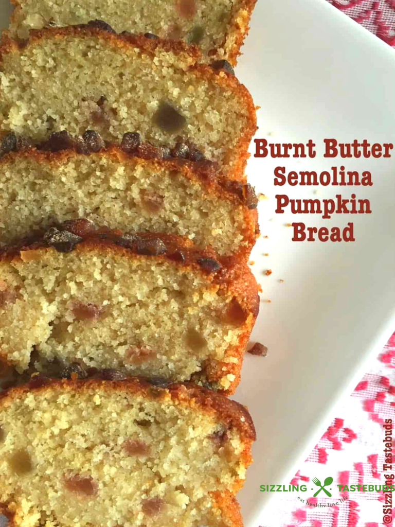 Browned Butter Semolina Pumpkin Bread is a quick and delicious, eggless bread made with Semolina, Wholewheat flour and homemade Pumpkin Puree. Serve it as a snack or for breakfast.