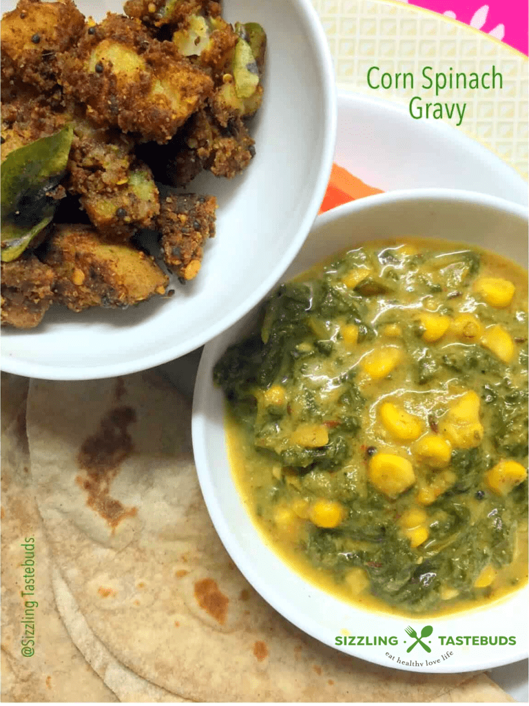 Corn and spinach curry made in a tasty No -onion, no-garlic base (Jain style). Served best with flatbreads or Steamed Rice.