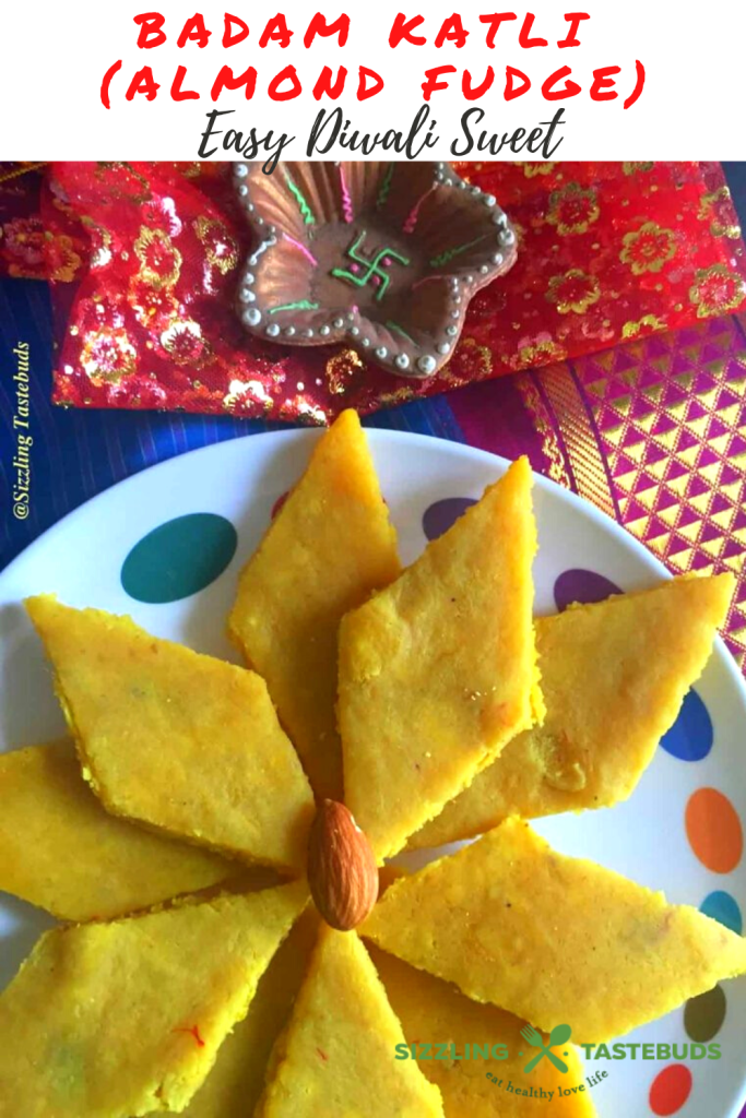 Badam Burfi or Almond Fudge is a delicious and irresistible sweet made from Almond meal, sugar. This makes for a quick treat for sweet tooth or during Diwali too!
