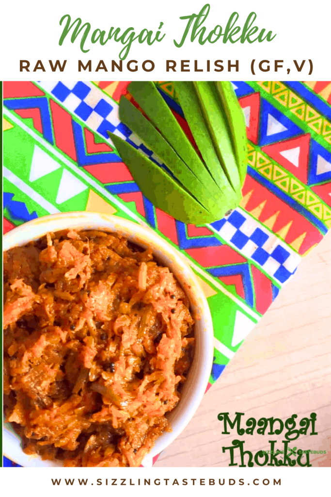 Mangai Thokku is a gluten free, vegan Spicy condiment made with Raw Mangoes and freshly ground spice powder
