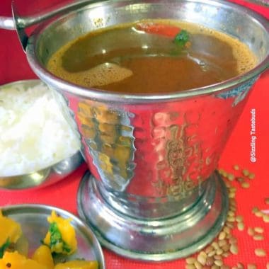 Kollu Rasam is a flavourful spicy broth (rasam) made with soaked and cooked Horsegram and spices. Served as a soup or with steamed rice