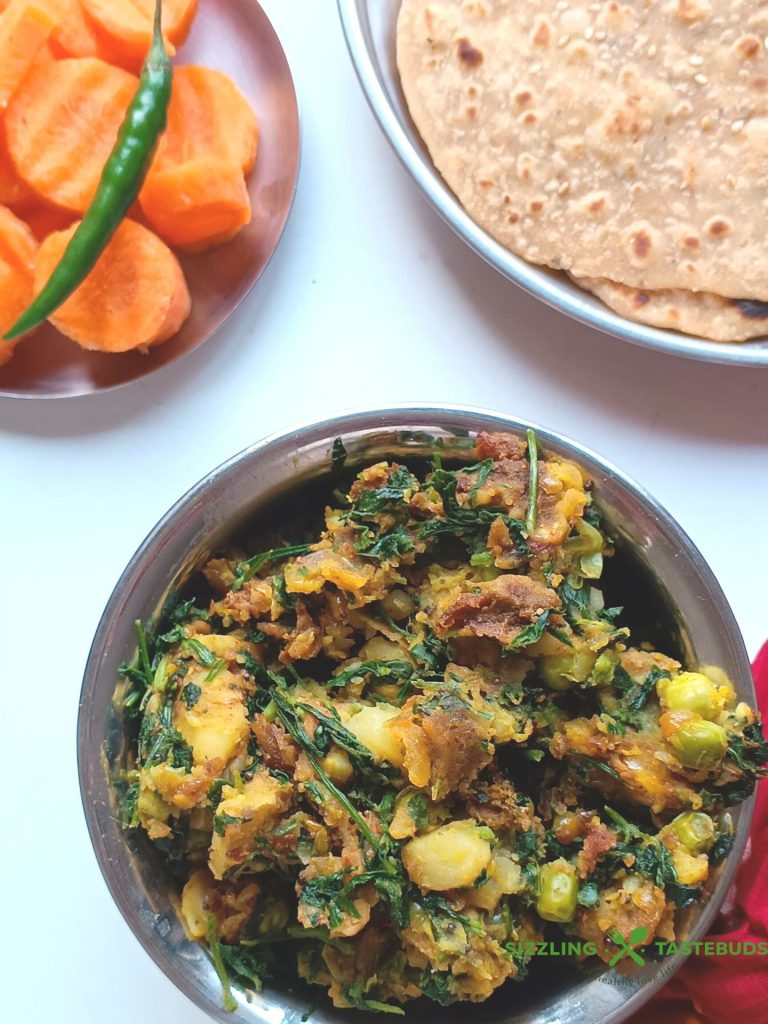 Homestyle Aloo Methi is a quick Gluten Free, Vegan Side dish for Roti or Parathas. Made with seasonal fresh fenugreek and mild spices. 
