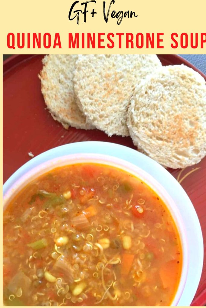 Quinoa Minestrone Soup is a filling and healthy Gluten Free and Vegan dinner or brunch alternative. Perfect for winter or snowy nights as a filling meal.
