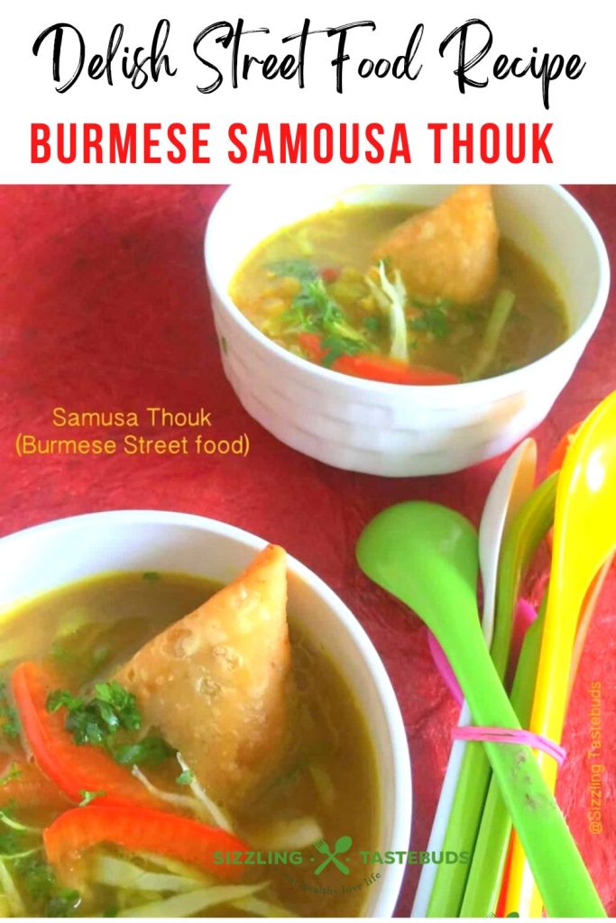 Samosa thouk is a Burmese street food delight blending chopped samosas with zesty vegetables and tangy dressing.