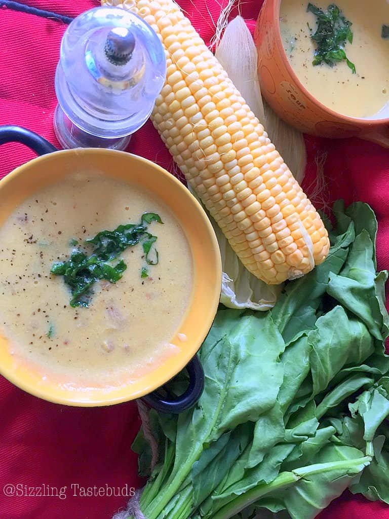 Corn Spinach Soup is a delicious & Creamy Soup. Vegan and Gluten Free, and can be made quickly for a hearty meal / Appetiser.