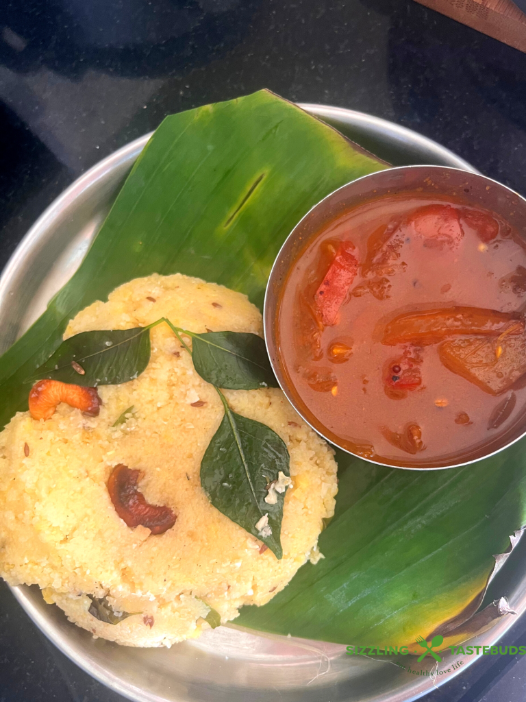 Rava Pongal is a soft, delicious savoury pudding made with Semolina (Rava) and cooked Moong dal (lentil). Served as a breakfast or light dinner with chutney / sambhar.