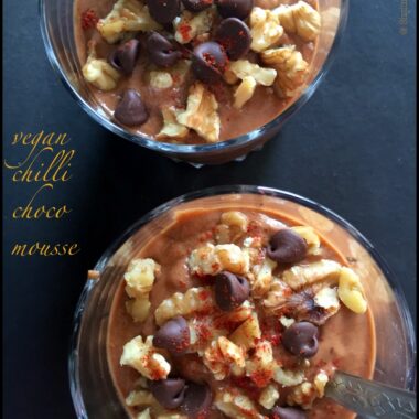 A NO- COOK easy eggless chocolate and chilli mousse that can be put together for celebrations. Perfect as a single serve dessert too!