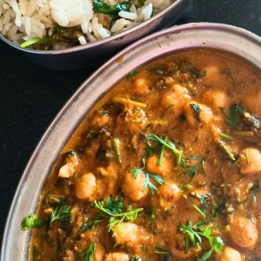 Methi Chole is a quick and delicious protein-rich curry with fresh fenugreek leaves and chickpeas (garbanzo beans). Served with rice or roti for a vegan meal