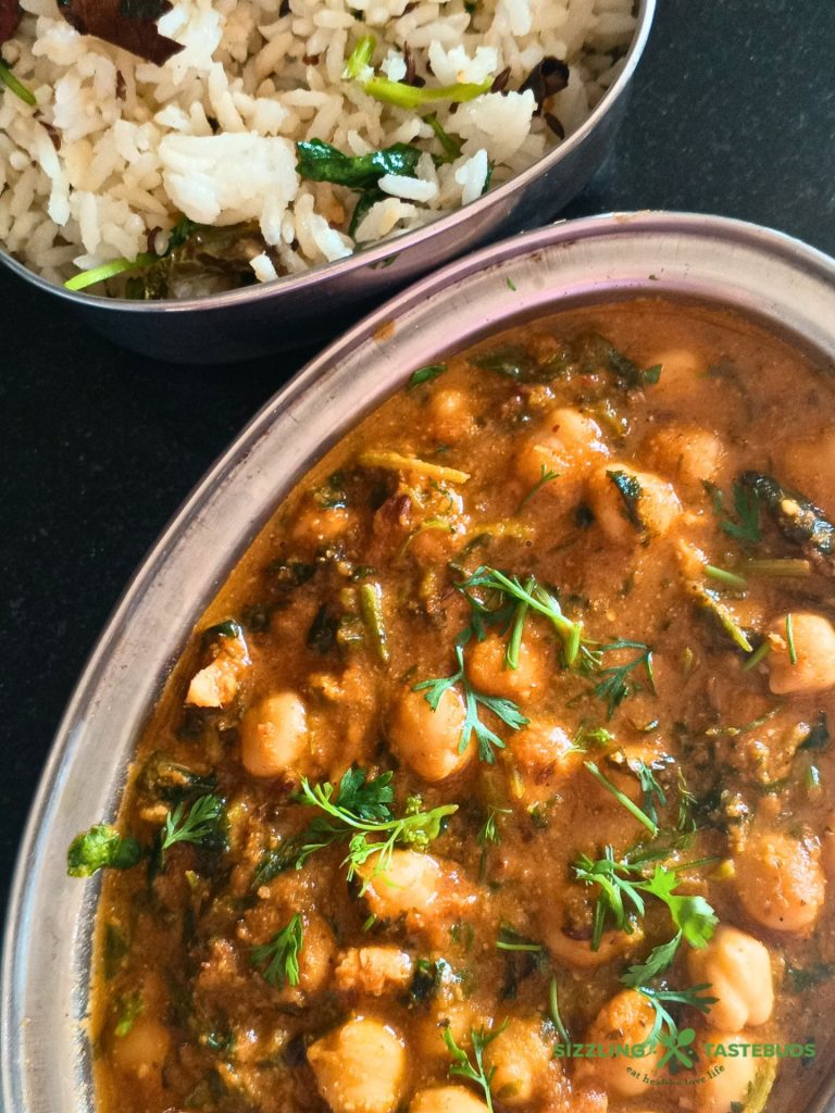 Methi Chole is a quick and delicious protein-rich curry with fresh fenugreek leaves and chickpeas (garbanzo beans). Served with rice or roti for a vegan meal
