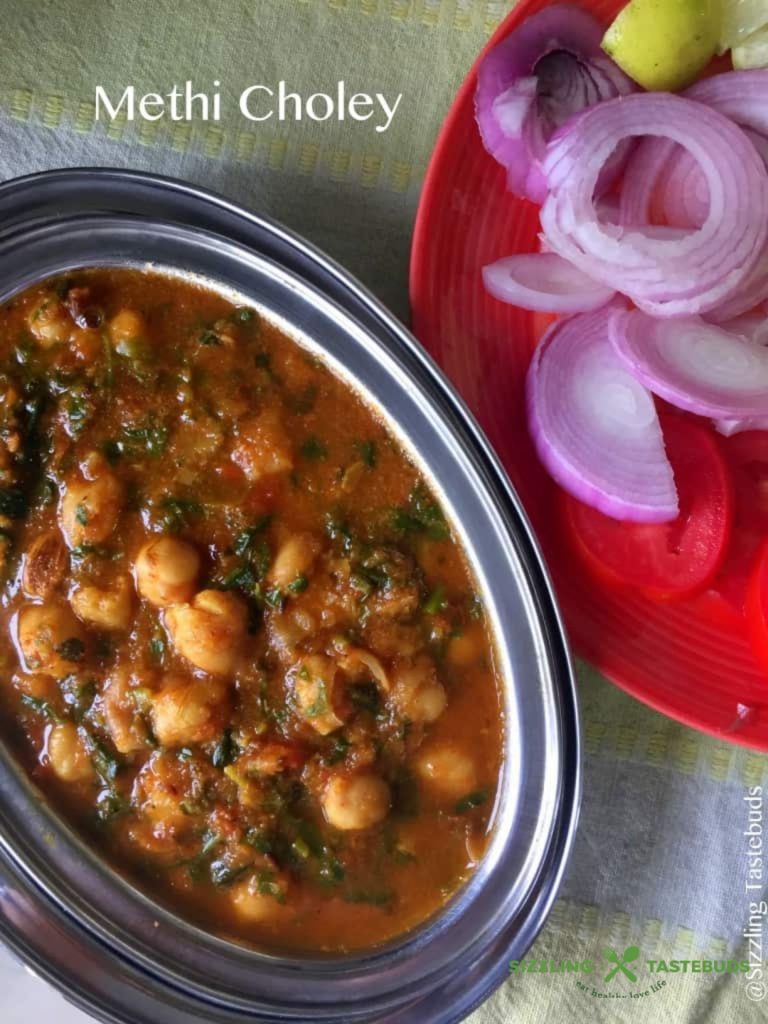 Methi Chole is a quick and delicious protein-rich curry with fresh fenugreek leaves and chickpeas (garbanzo beans). Served with rice or roti for a vegan meal