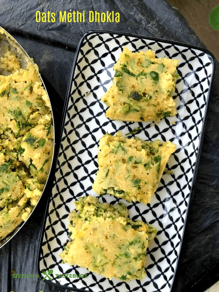 Oats Methi Dhokla is a spongy, soft and steamed snack using Oats and fenugreek leaves. Served with Green chutney or some sauce.