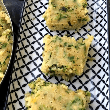 Oats Methi Dhokla is a spongy, soft and steamed snack using Oats and fenugreek leaves. Served with Green chutney or some sauce.