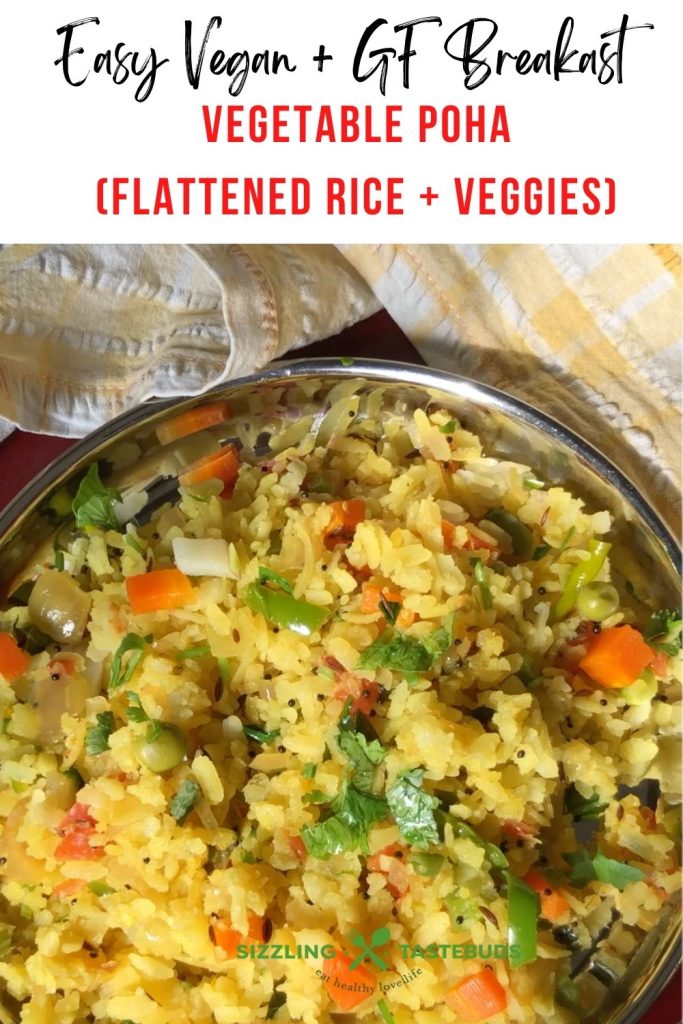 Vegetable Poha is a healthy and filling Gluten Free Vegan Breakfast or brunch dish made with flattened rice and lots of veggies. Perfect for lunchboxes too!