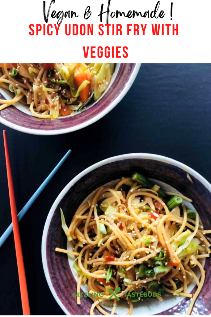 Vegan udon stir-fry is a flavorful plant-based noodle dish with fresh vegetables, a spicy umami sauce and is perfect for a quick and healthy meal.