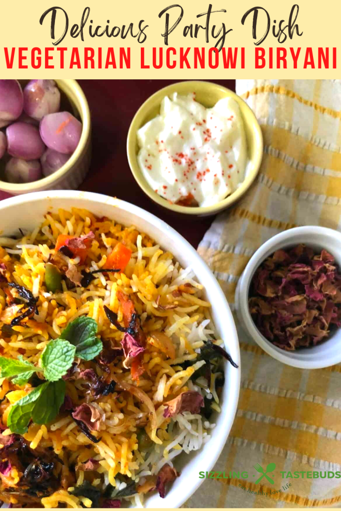 Vegetarian Lucknowi biryani is a fragrant and flavorful rice dish made with basmati rice, aromatic spices, vegetables, and saffron-infused milk.