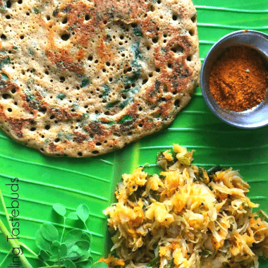 Murunga keerai Adai or Moringa Leaf Dosa is a vegan, Gluten Free dosa made with mixed Lentils, Bamboo Rice and Moringa leaves. Diabetic friendly and is served as a breakfast or snack with chutney or sambhar