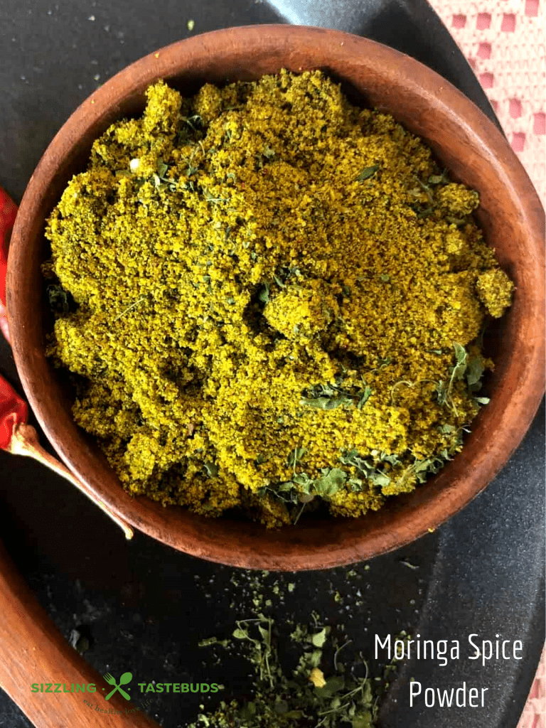 Moringa Spice Powder | Murungai Keerai Molagapodi is a spice powder/ condiment made with mixed lentil & super food moringa leaves. Served with Steamed rice or Idli-Dosa