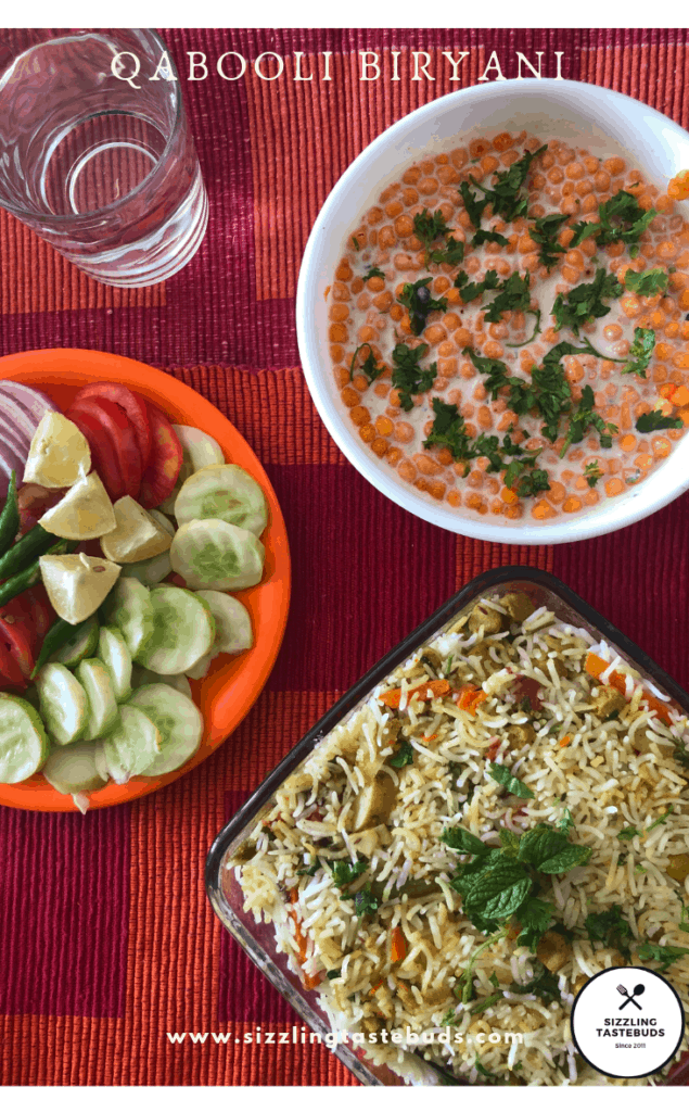 Qabooli Veg Biryani is a protein rich Biryani made with chickpeas and flavourful basmati rice. Serve it with Raita / salad on the side