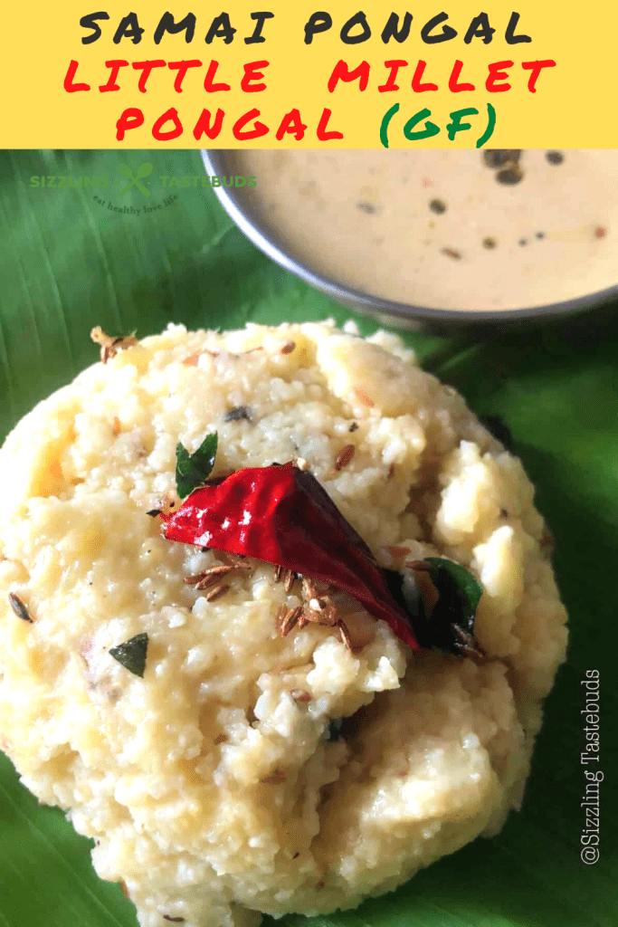 Samai or Little Millet Pongal is a quick, nutritious and filling Gluten Free breakfast or dinner made with Little Millet and Moong dal. Served hot with Chutney and / or sambhar .