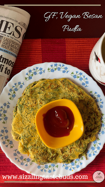 Besan Pudla is a protein rich, gluten Free + Vegan savoury pancake made with chickpea flour and basic spices. Served with green chutney as a breakfast or a quick snack.