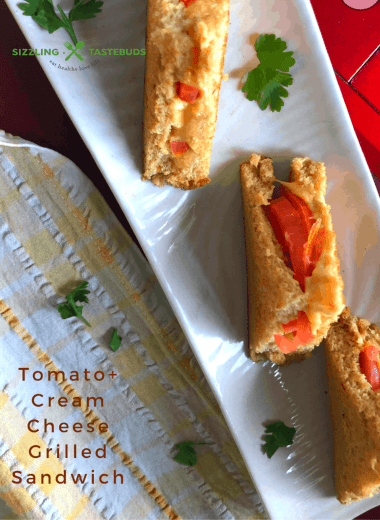 A Quick and delicious sandwich made in under 10 mins with the goodness of tomatoes and cream cheese. Great for brunch, parties, lunchboxes, picnics or potluck.