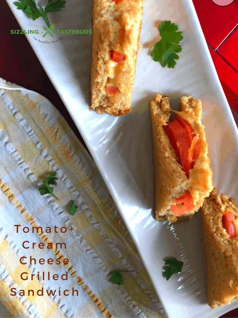 A Quick and delicious sandwich made in under 10 mins with the goodness of tomatoes and cream cheese. Great for brunch, parties, lunchboxes, picnics or potluck.