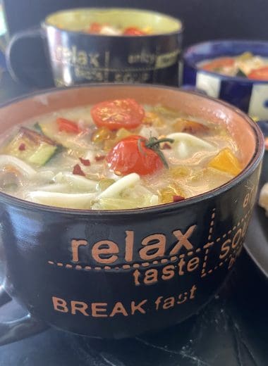 Thai Coconut Veg Noodle Soup is a delicious Gluten Free and Vegan one-pot-meal kind of soup with noodles and veggies simmered in an aromatic coconut milk broth.