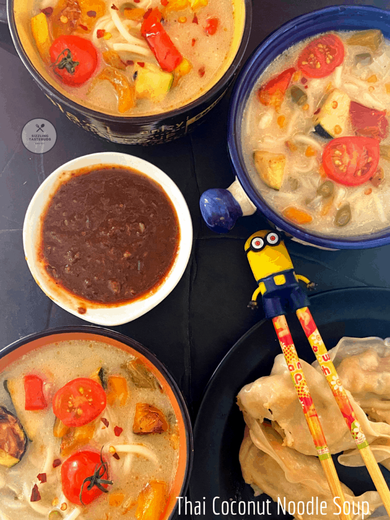 Thai Coconut Veg Noodle Soup is a delicious Gluten Free and Vegan one-pot-meal kind of soup with noodles and veggies simmered in an aromatic coconut milk broth.