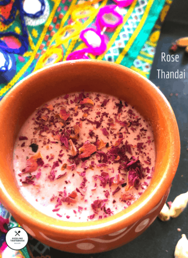 Rose Thandai is a special dish made for festival of Holi. Thandai refers to chilled, flavoured milk made during summers. It is made in different flavours, Rose being one of them