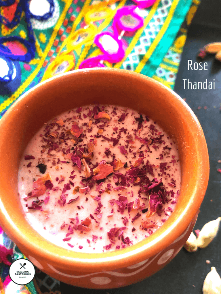 Rose Thandai is a special dish made for festival of Holi. Thandai refers to chilled, flavoured milk made during summers. It is made in different flavours, Rose being one of them