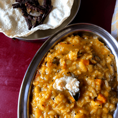 A Karnataka special One Pot Meal made with Lentils, veggies and flattened rice spiced with an aromatic powder.