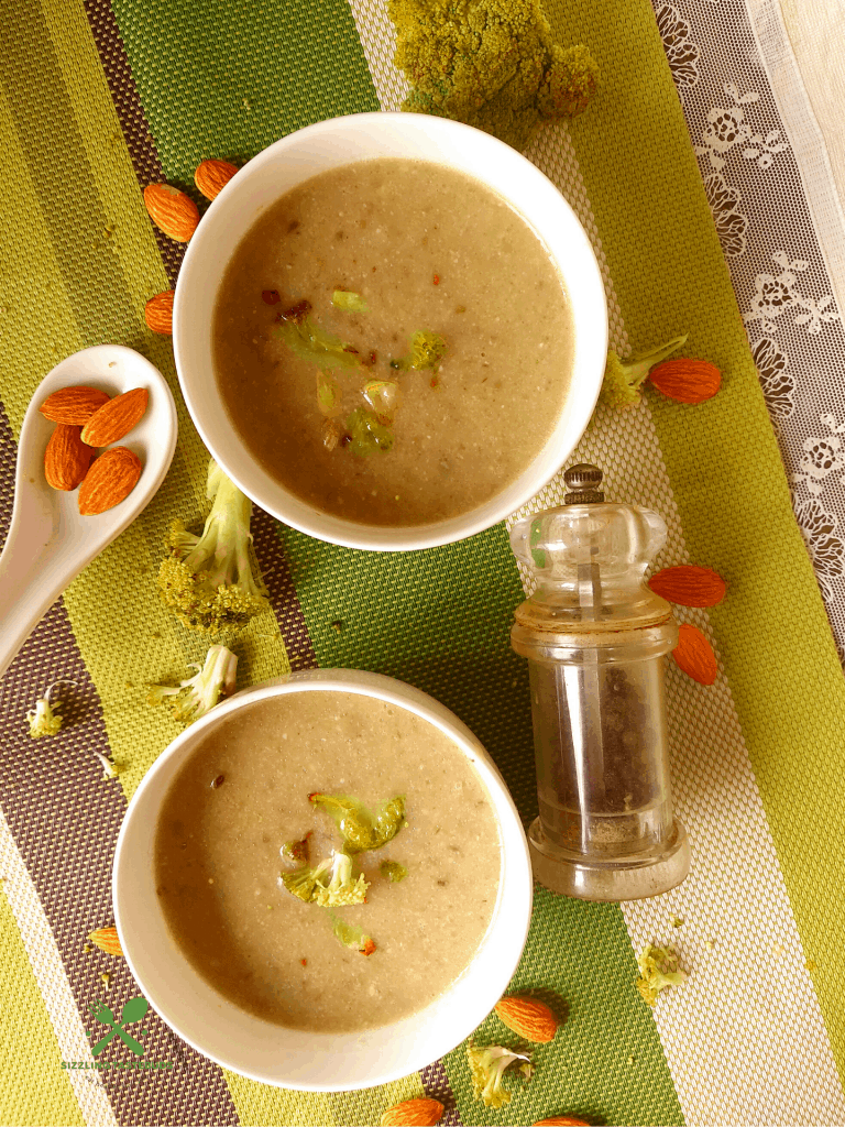 Broccoli Almond Soup is a Vegan, Gluten Free Soup made with the goodness of broccoli, almonds simmered in a homemade veg broth. Makes for a filling appetiser or even a meal. 
